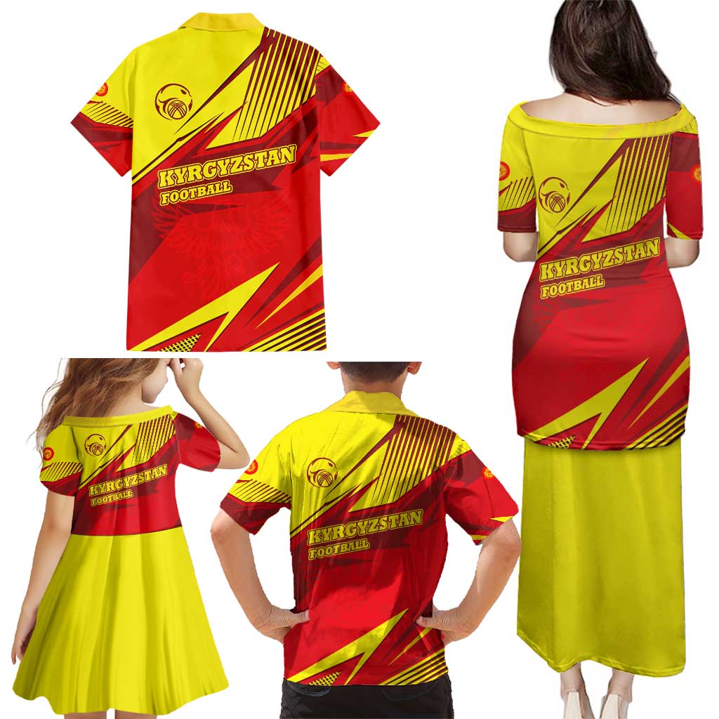 Kyrgyzstan Football Family Matching Puletasi and Hawaiian Shirt Red and Yellow Sports with National Emblem Design
