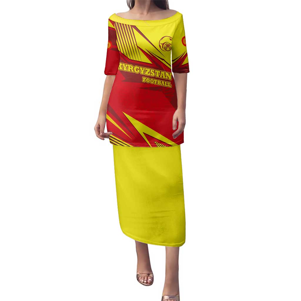 Kyrgyzstan Football Family Matching Puletasi and Hawaiian Shirt Red and Yellow Sports with National Emblem Design