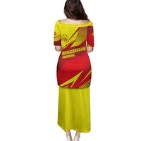 Kyrgyzstan Football Family Matching Puletasi and Hawaiian Shirt Red and Yellow Sports with National Emblem Design