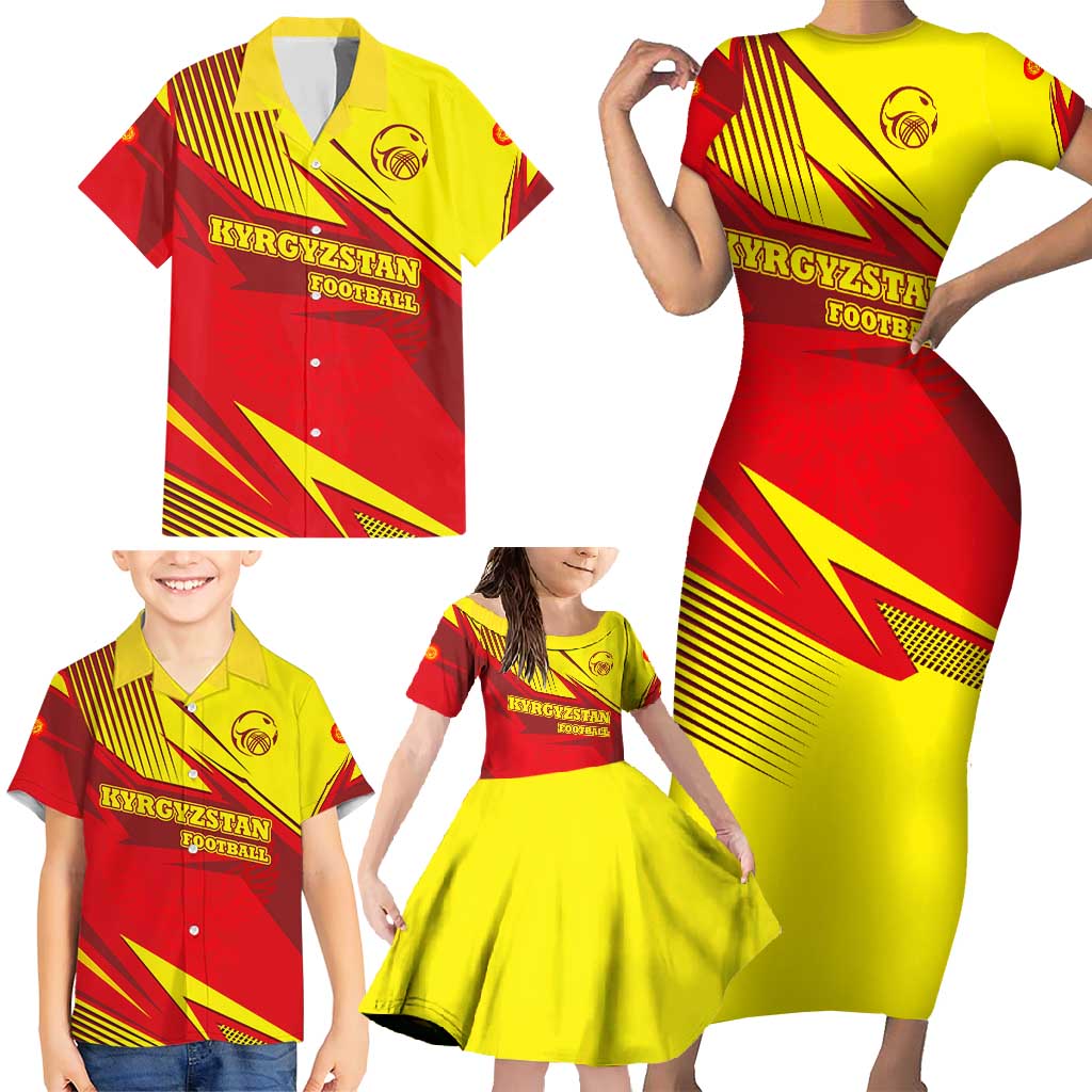 Kyrgyzstan Football Family Matching Short Sleeve Bodycon Dress and Hawaiian Shirt Red and Yellow Sports with National Emblem Design