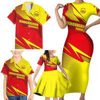 Kyrgyzstan Football Family Matching Short Sleeve Bodycon Dress and Hawaiian Shirt Red and Yellow Sports with National Emblem Design