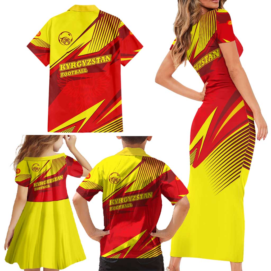 Kyrgyzstan Football Family Matching Short Sleeve Bodycon Dress and Hawaiian Shirt Red and Yellow Sports with National Emblem Design