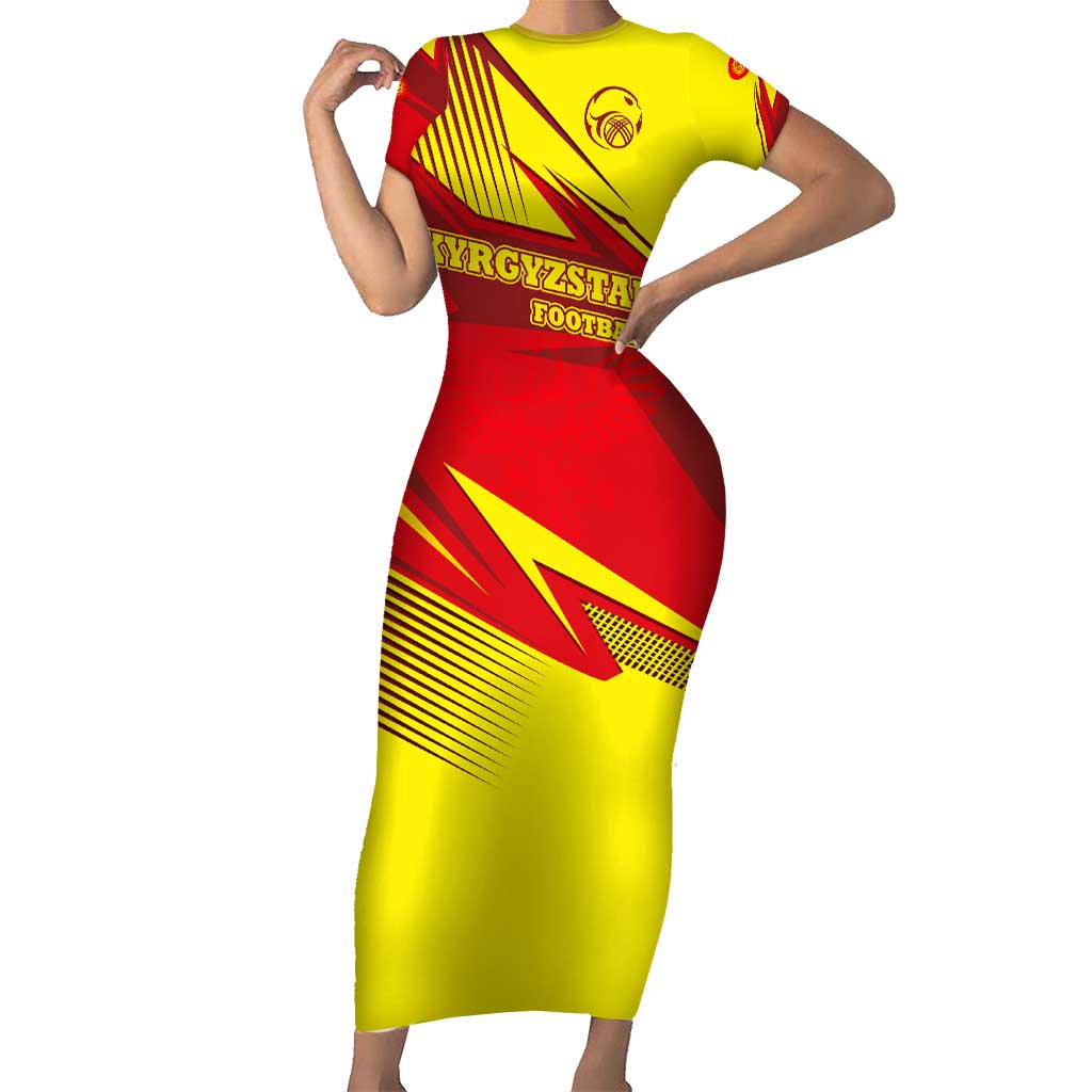 Kyrgyzstan Football Family Matching Short Sleeve Bodycon Dress and Hawaiian Shirt Red and Yellow Sports with National Emblem Design