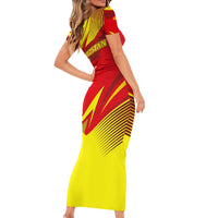 Kyrgyzstan Football Family Matching Short Sleeve Bodycon Dress and Hawaiian Shirt Red and Yellow Sports with National Emblem Design