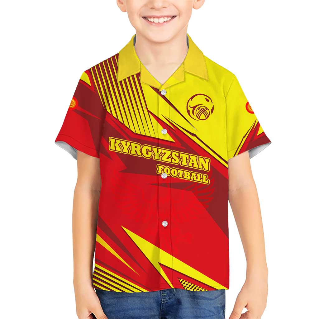 Kyrgyzstan Football Family Matching Short Sleeve Bodycon Dress and Hawaiian Shirt Red and Yellow Sports with National Emblem Design