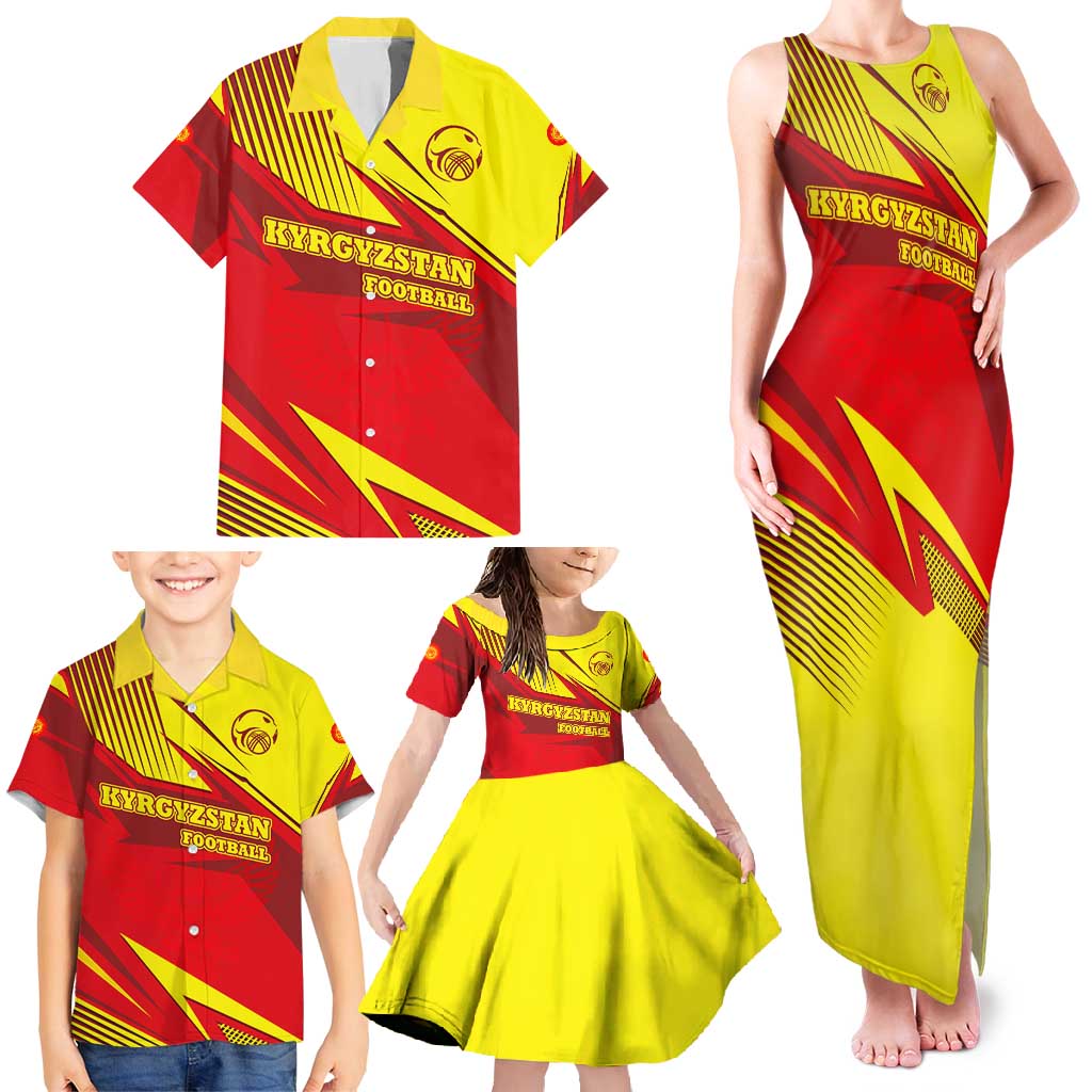 Kyrgyzstan Football Family Matching Tank Maxi Dress and Hawaiian Shirt Red and Yellow Sports with National Emblem Design