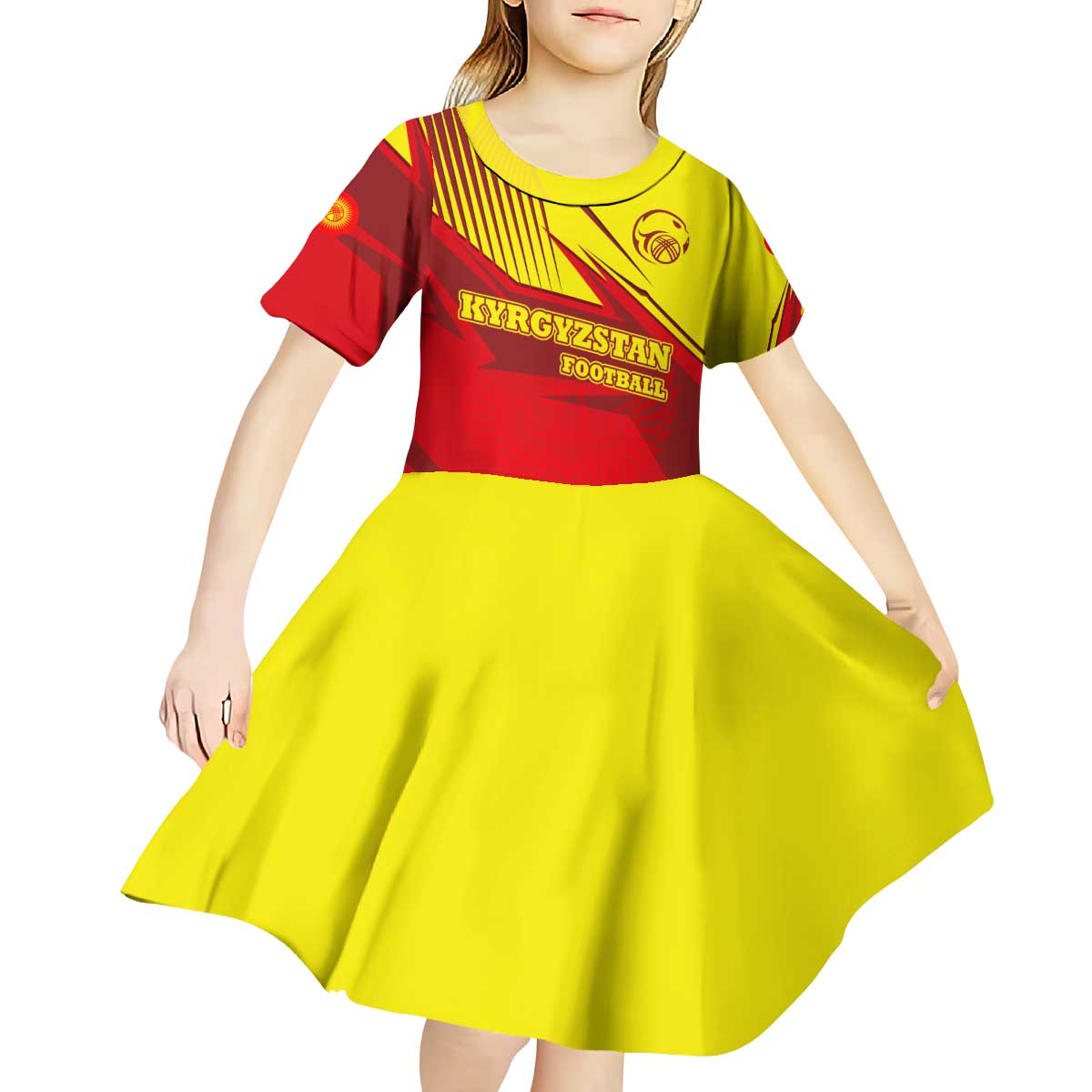 Kyrgyzstan Football Kid Short Sleeve Dress Red and Yellow Sports with National Emblem Design