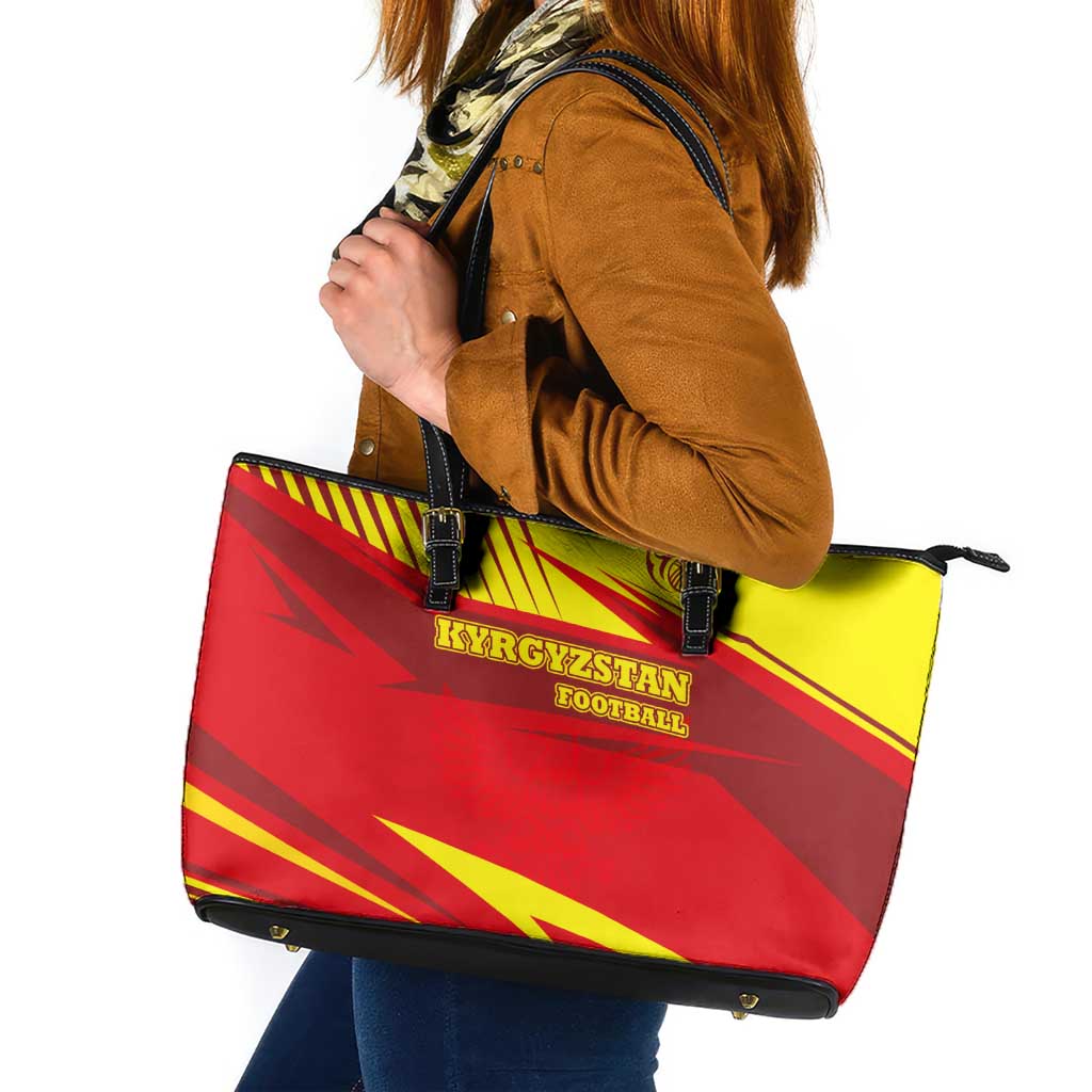 Kyrgyzstan Football Leather Tote Bag Red and Yellow Sports with National Emblem Design
