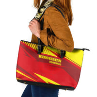 Kyrgyzstan Football Leather Tote Bag Red and Yellow Sports with National Emblem Design