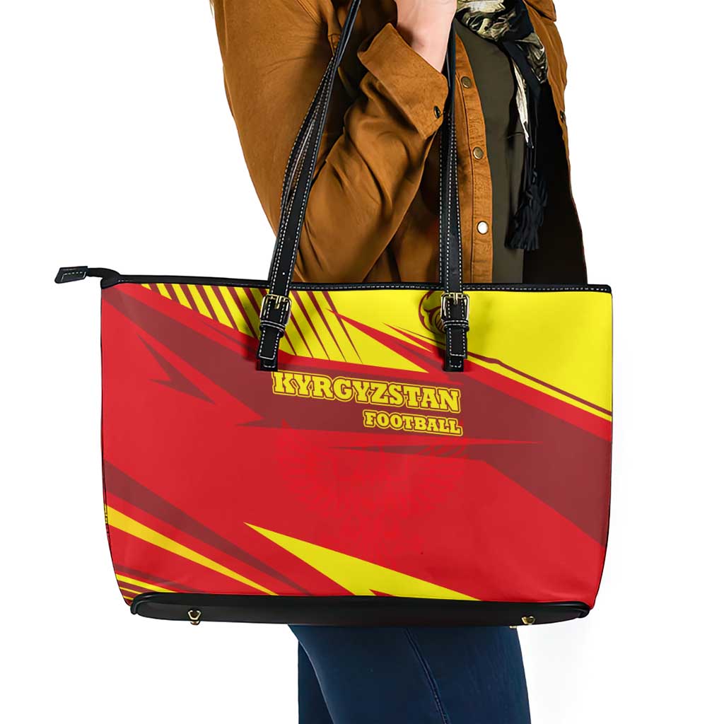 Kyrgyzstan Football Leather Tote Bag Red and Yellow Sports with National Emblem Design