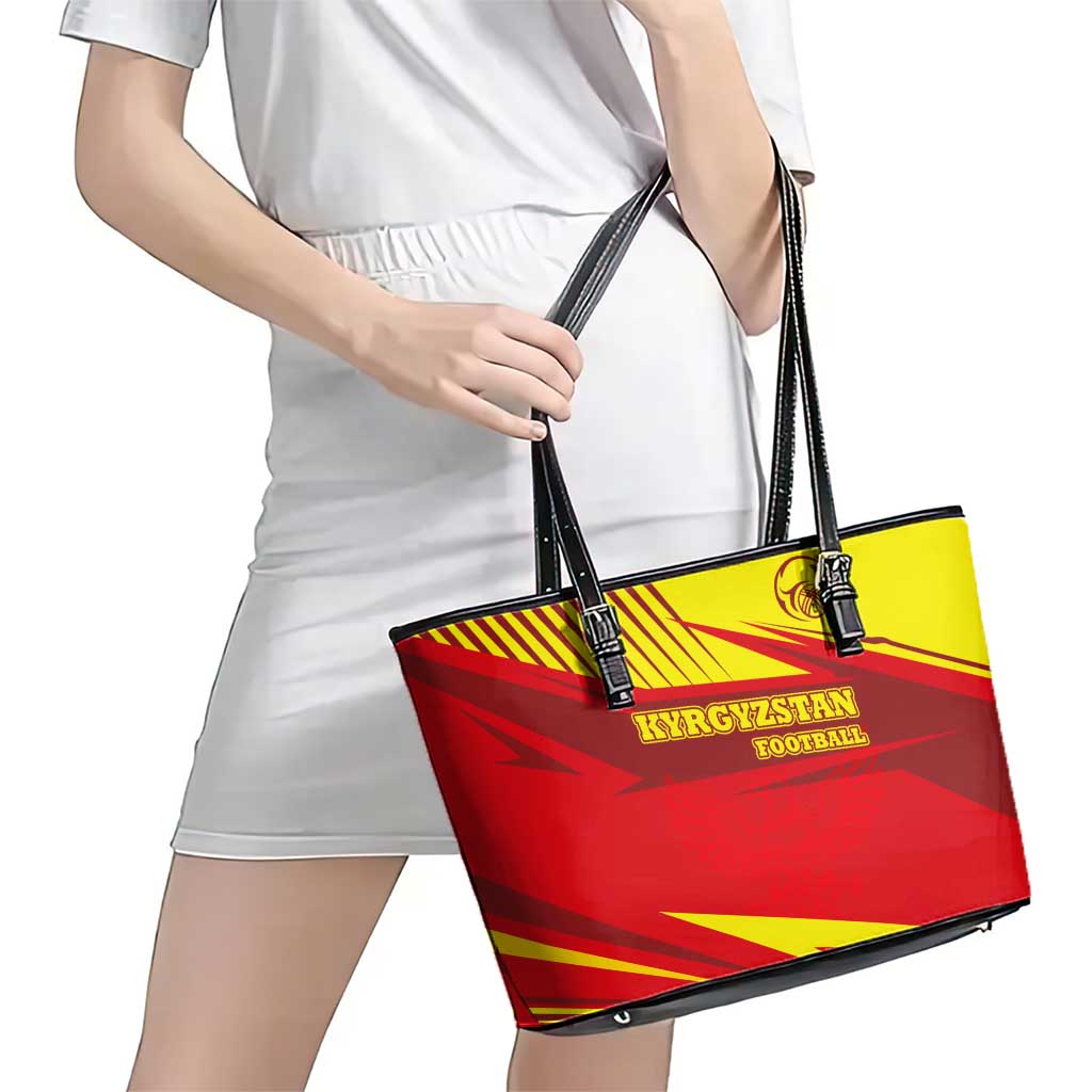 Kyrgyzstan Football Leather Tote Bag Red and Yellow Sports with National Emblem Design