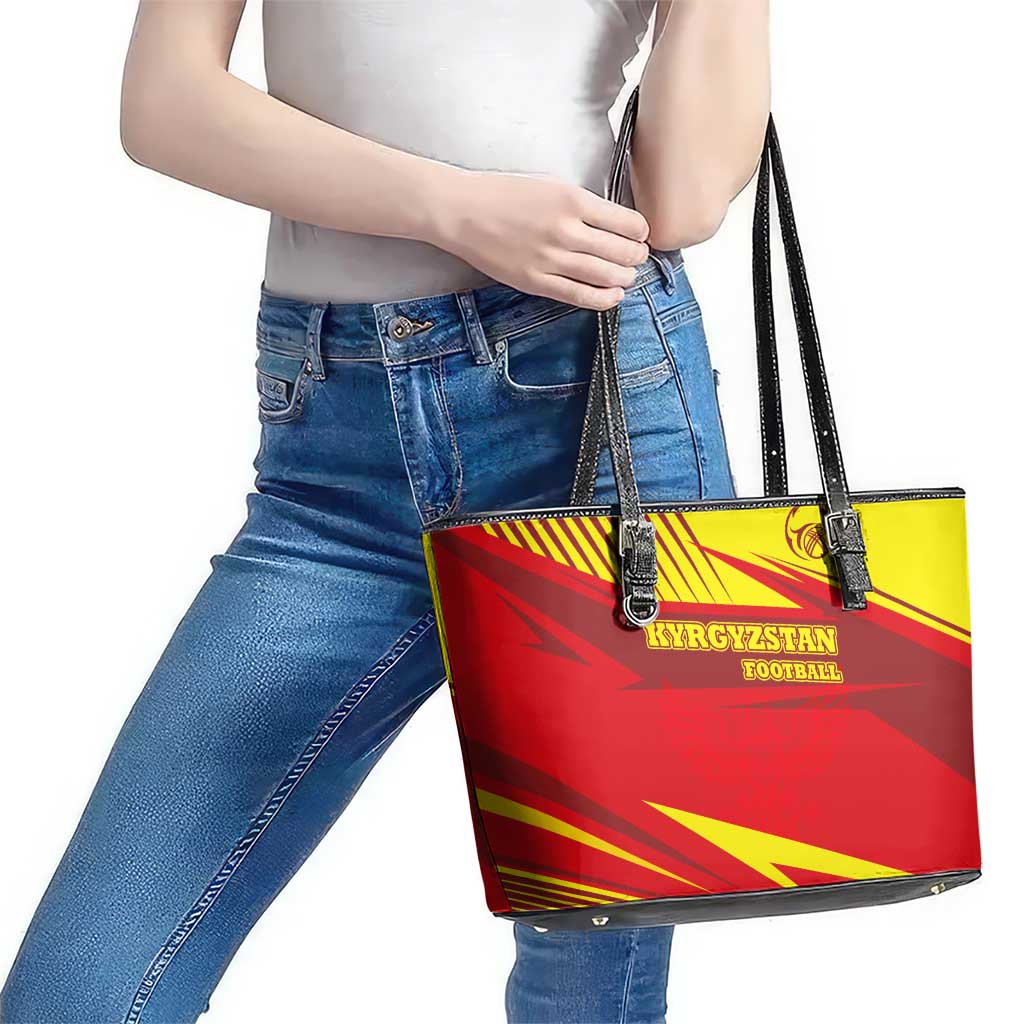 Kyrgyzstan Football Leather Tote Bag Red and Yellow Sports with National Emblem Design