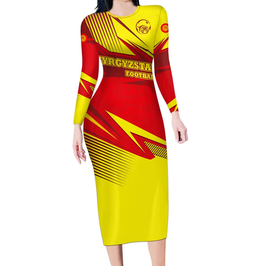 Kyrgyzstan Football Long Sleeve Bodycon Dress Red and Yellow Sports with National Emblem Design