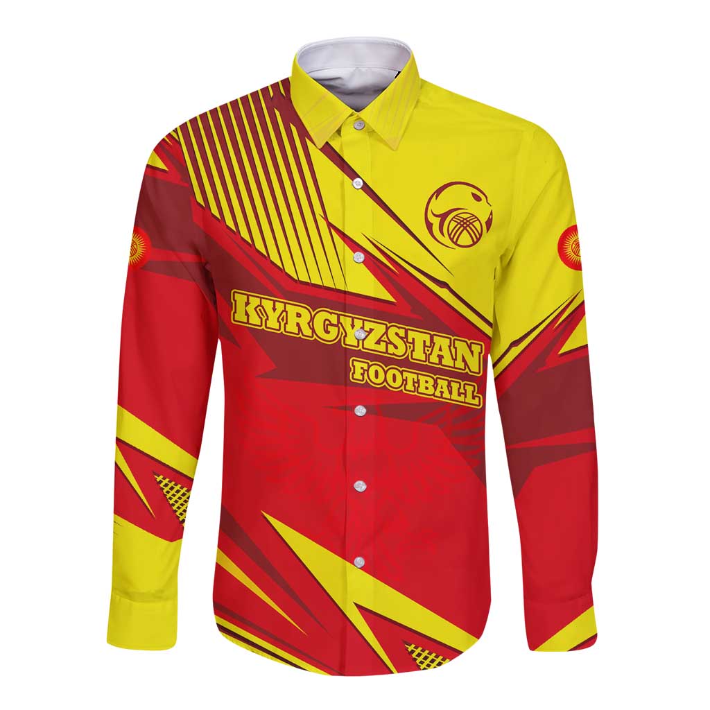 Kyrgyzstan Football Long Sleeve Button Shirt Red and Yellow Sports with National Emblem Design