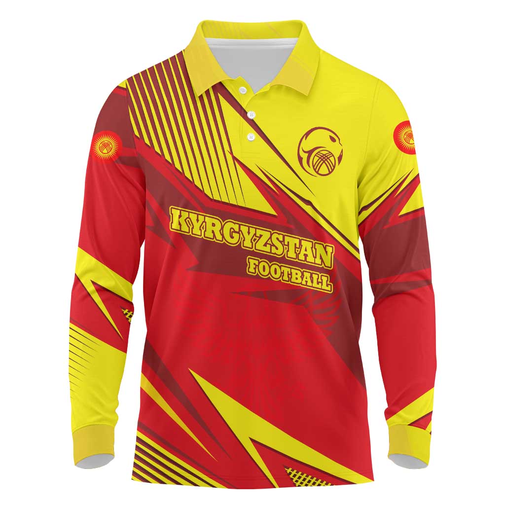 Kyrgyzstan Football Long Sleeve Polo Shirt Red and Yellow Sports with National Emblem Design