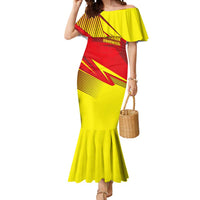 Kyrgyzstan Football Mermaid Dress Red and Yellow Sports with National Emblem Design