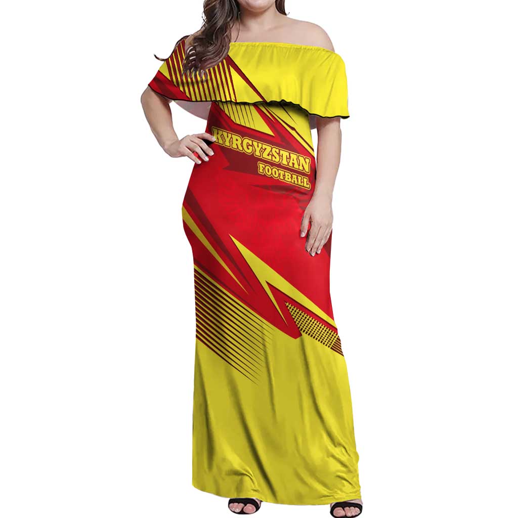 Kyrgyzstan Football Off Shoulder Maxi Dress Red and Yellow Sports with National Emblem Design
