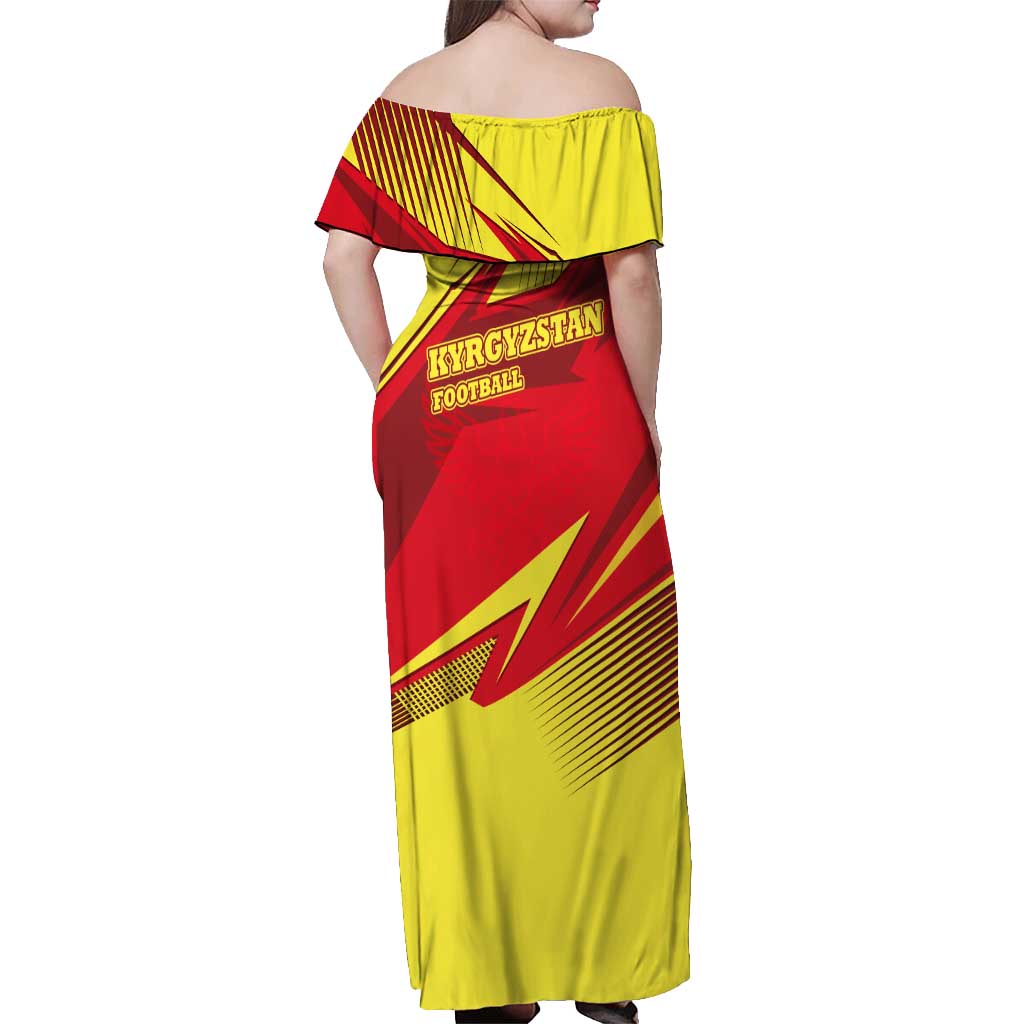 Kyrgyzstan Football Off Shoulder Maxi Dress Red and Yellow Sports with National Emblem Design