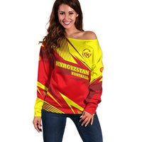 Kyrgyzstan Football Off Shoulder Sweater Red and Yellow Sports with National Emblem Design