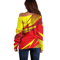 Kyrgyzstan Football Off Shoulder Sweater Red and Yellow Sports with National Emblem Design