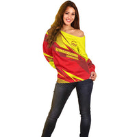 Kyrgyzstan Football Off Shoulder Sweater Red and Yellow Sports with National Emblem Design