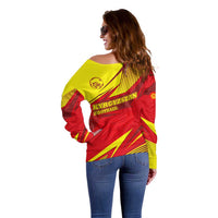 Kyrgyzstan Football Off Shoulder Sweater Red and Yellow Sports with National Emblem Design