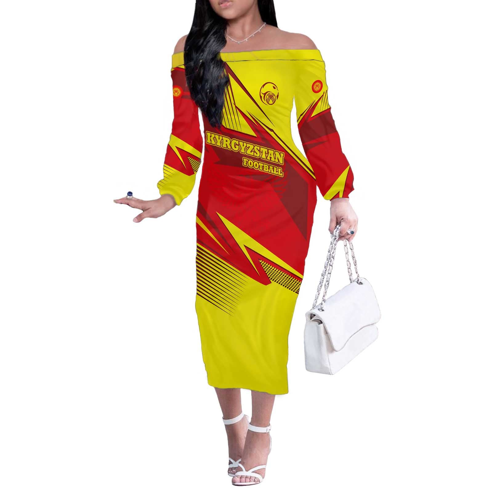 Kyrgyzstan Football Off The Shoulder Long Sleeve Dress Red and Yellow Sports with National Emblem Design