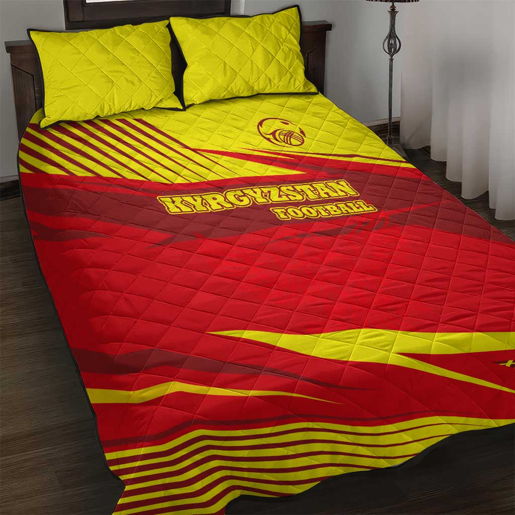 Kyrgyzstan Football Quilt Bed Set Red and Yellow Sports with National Emblem Design