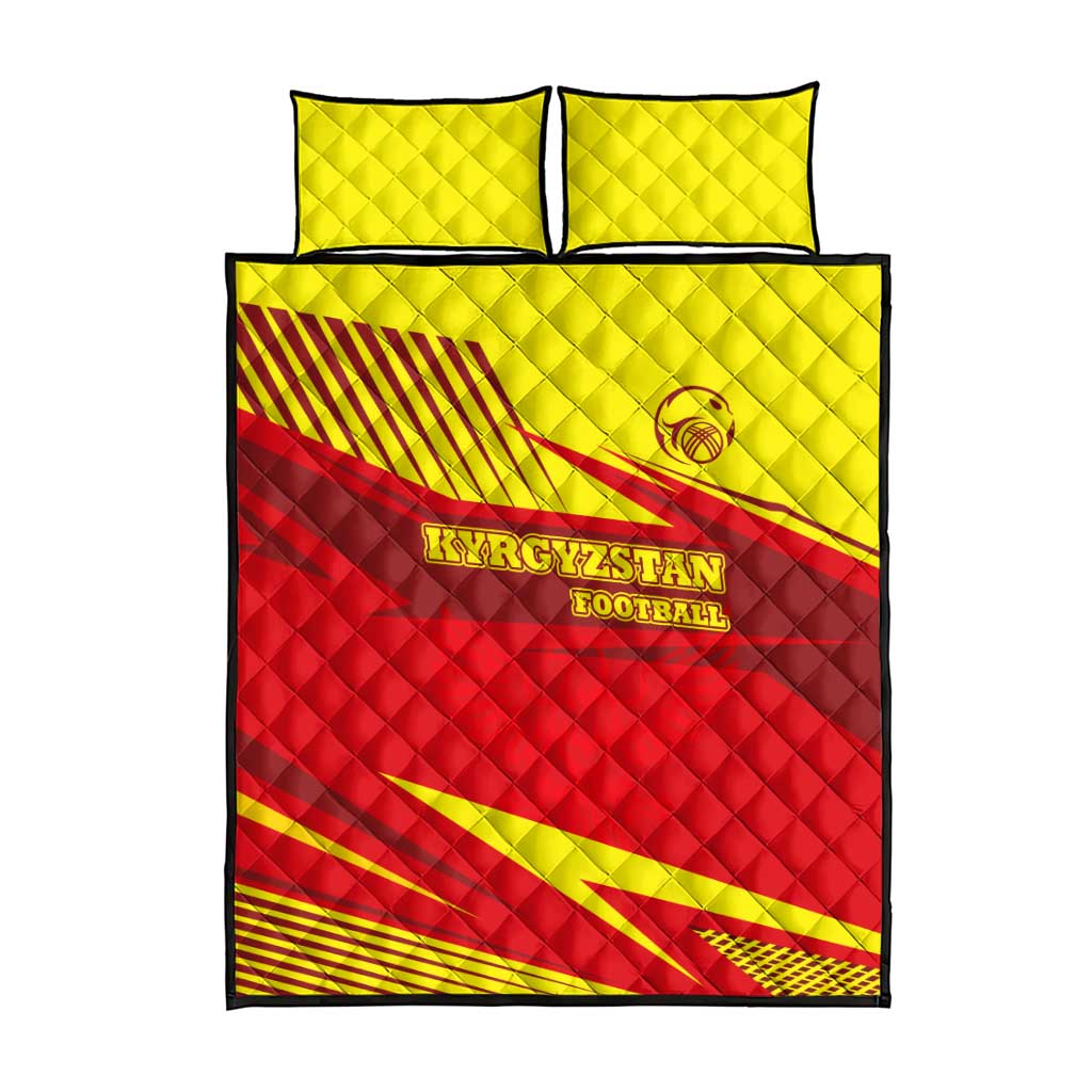 Kyrgyzstan Football Quilt Bed Set Red and Yellow Sports with National Emblem Design