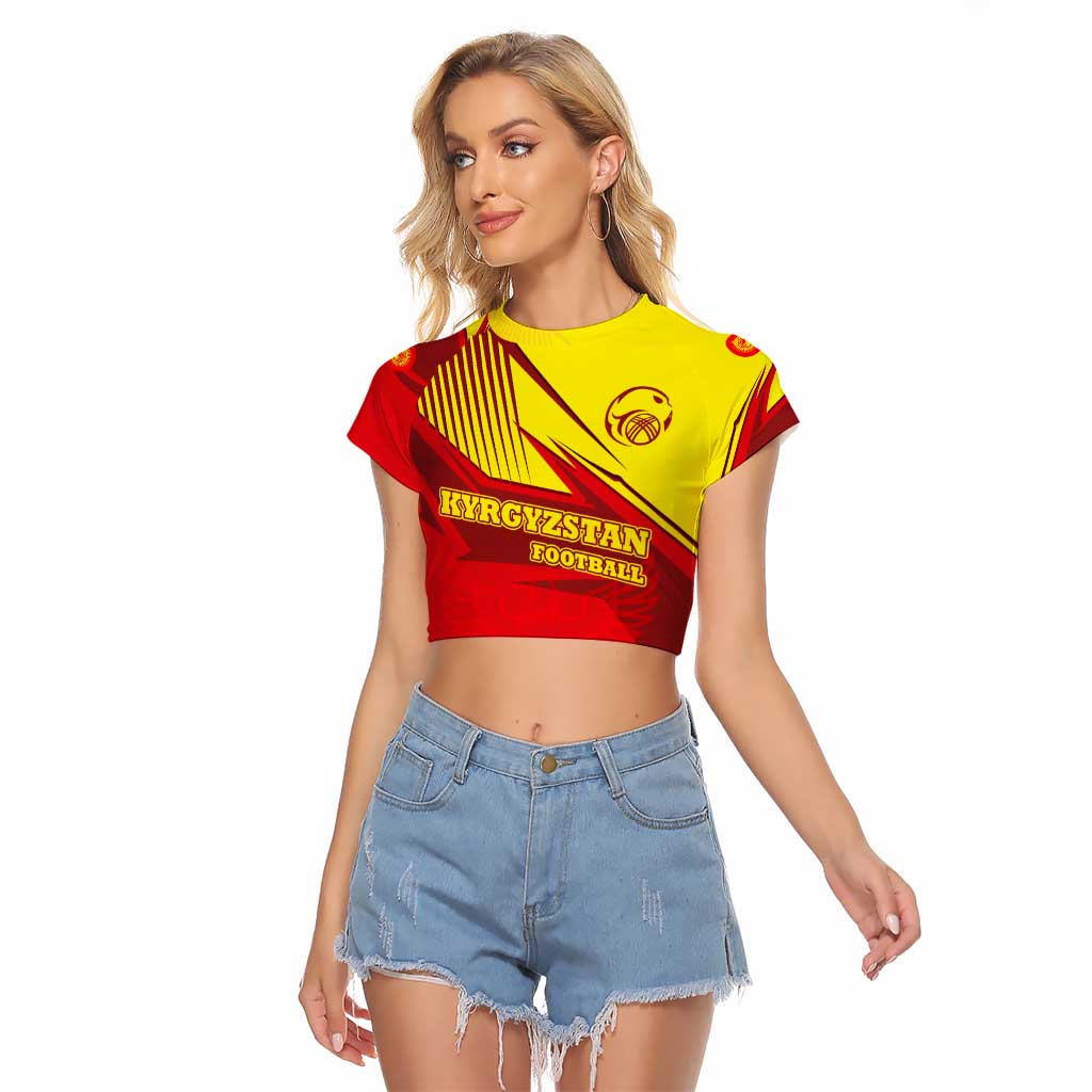 Kyrgyzstan Football Raglan Cropped T Shirt Red and Yellow Sports with National Emblem Design