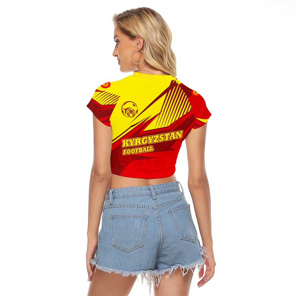 Kyrgyzstan Football Raglan Cropped T Shirt Red and Yellow Sports with National Emblem Design