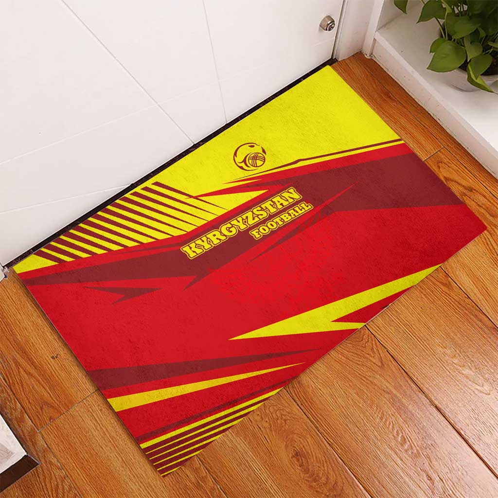 Kyrgyzstan Football Rubber Doormat Red and Yellow Sports with National Emblem Design