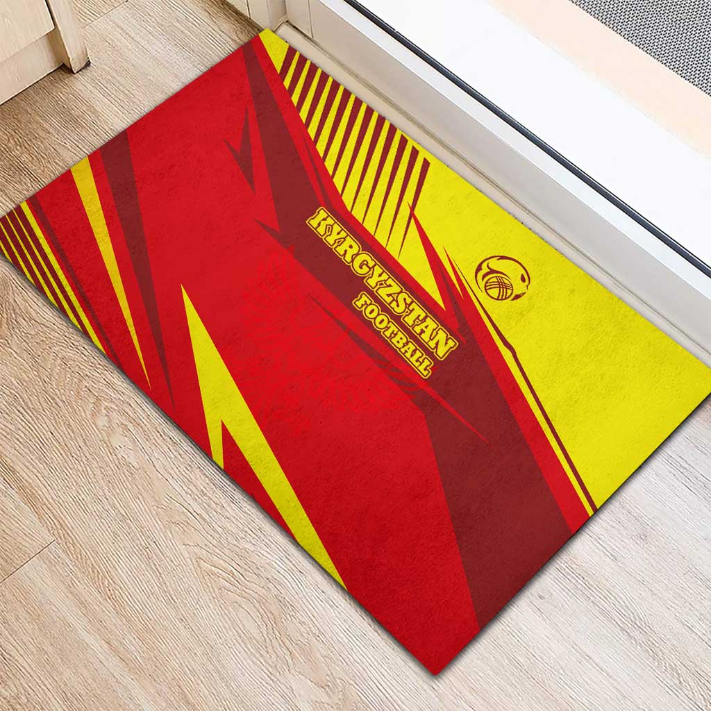 Kyrgyzstan Football Rubber Doormat Red and Yellow Sports with National Emblem Design