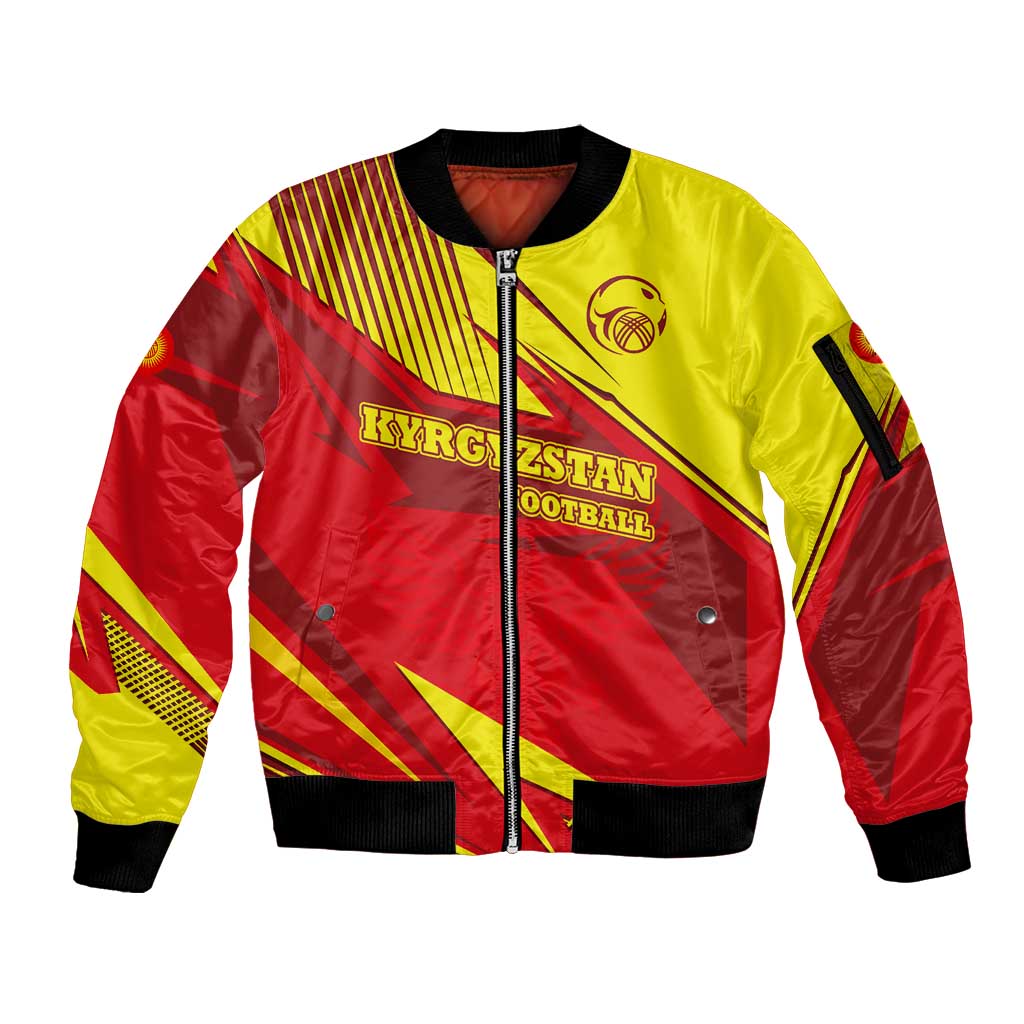 Kyrgyzstan Football Sleeve Zip Bomber Jacket Red and Yellow Sports with National Emblem Design