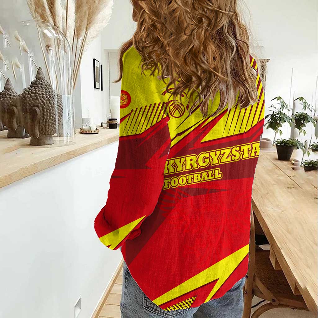 Kyrgyzstan Football Women Casual Shirt Red and Yellow Sports with National Emblem Design