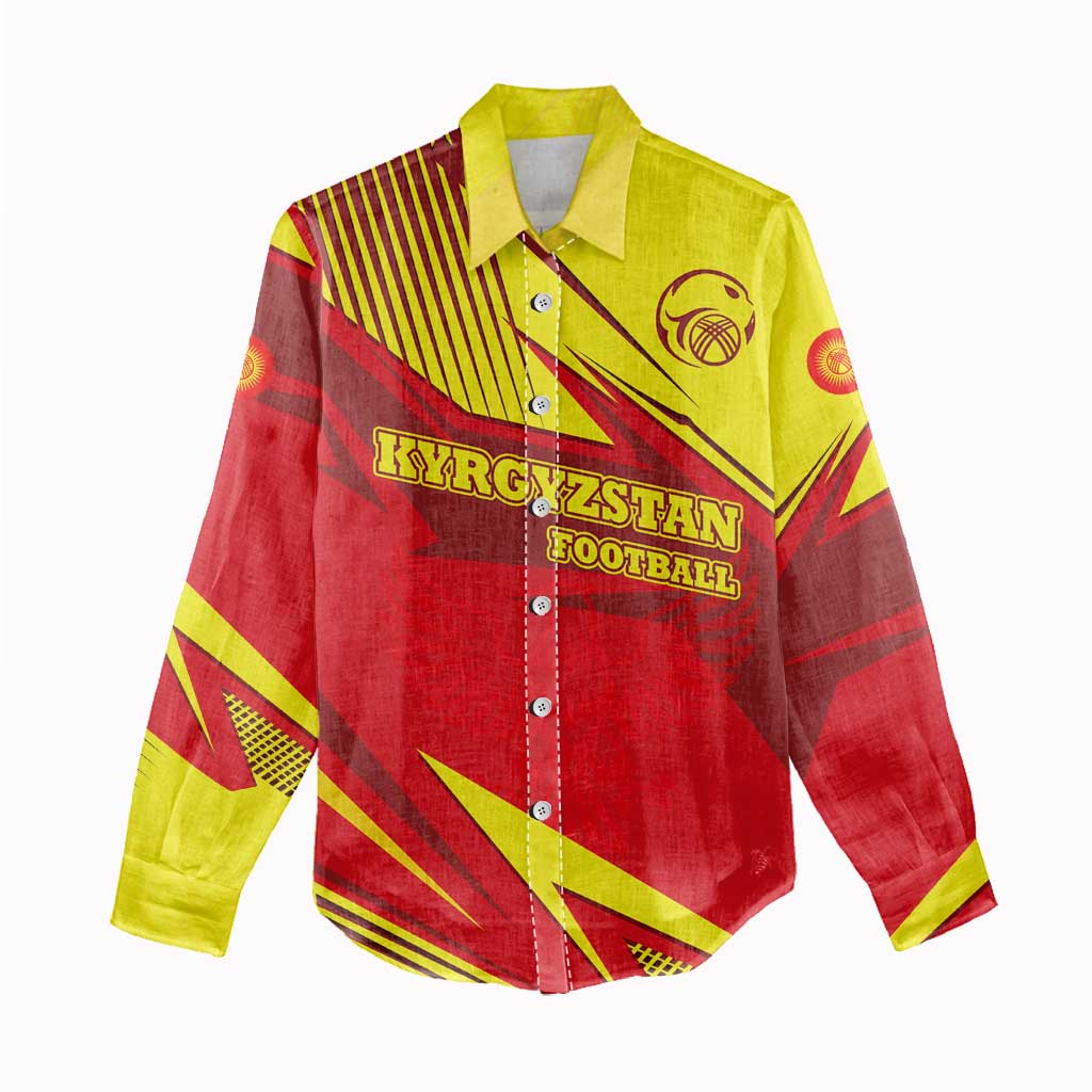 Kyrgyzstan Football Women Casual Shirt Red and Yellow Sports with National Emblem Design