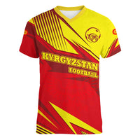 Kyrgyzstan Football Women V-Neck T-Shirt Red and Yellow Sports with National Emblem Design