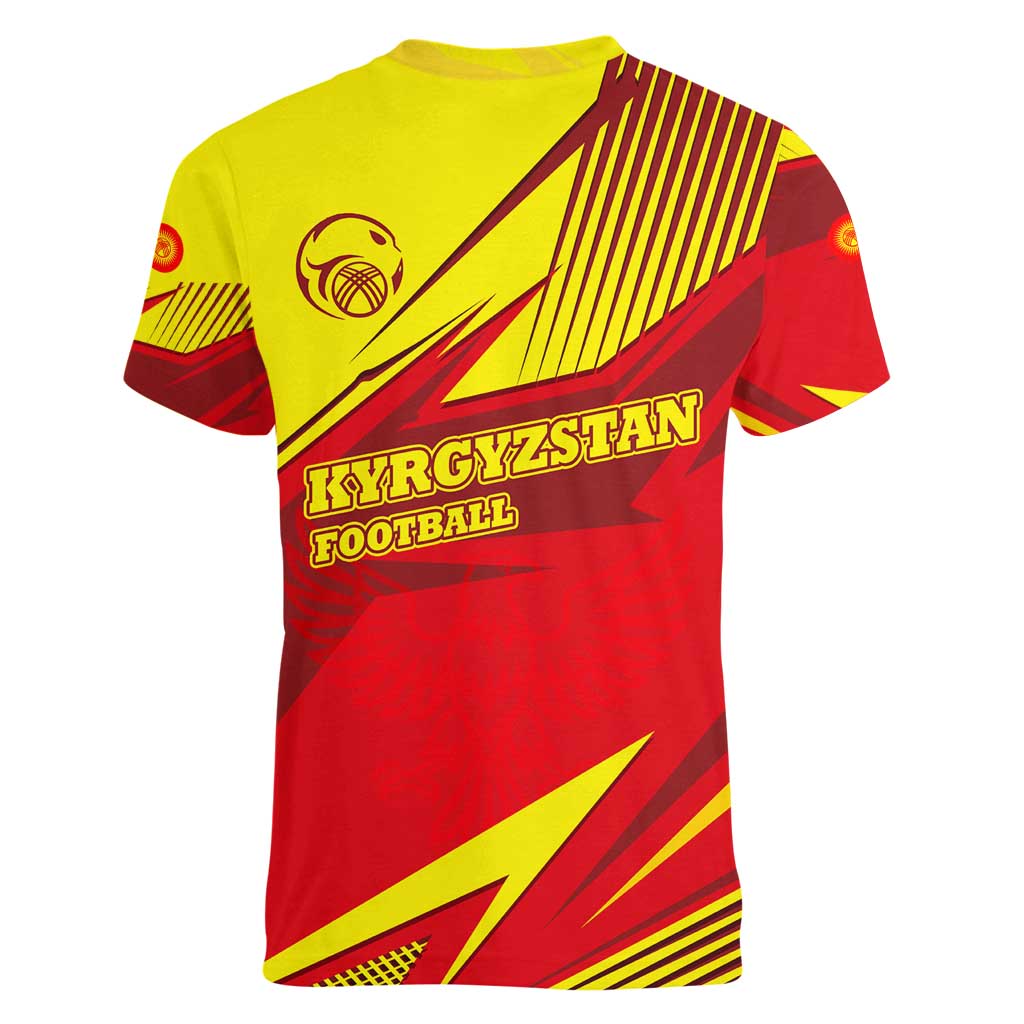 Kyrgyzstan Football Women V-Neck T-Shirt Red and Yellow Sports with National Emblem Design