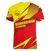 Kyrgyzstan Football Women V-Neck T-Shirt Red and Yellow Sports with National Emblem Design