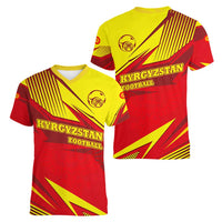 Kyrgyzstan Football Women V-Neck T-Shirt Red and Yellow Sports with National Emblem Design