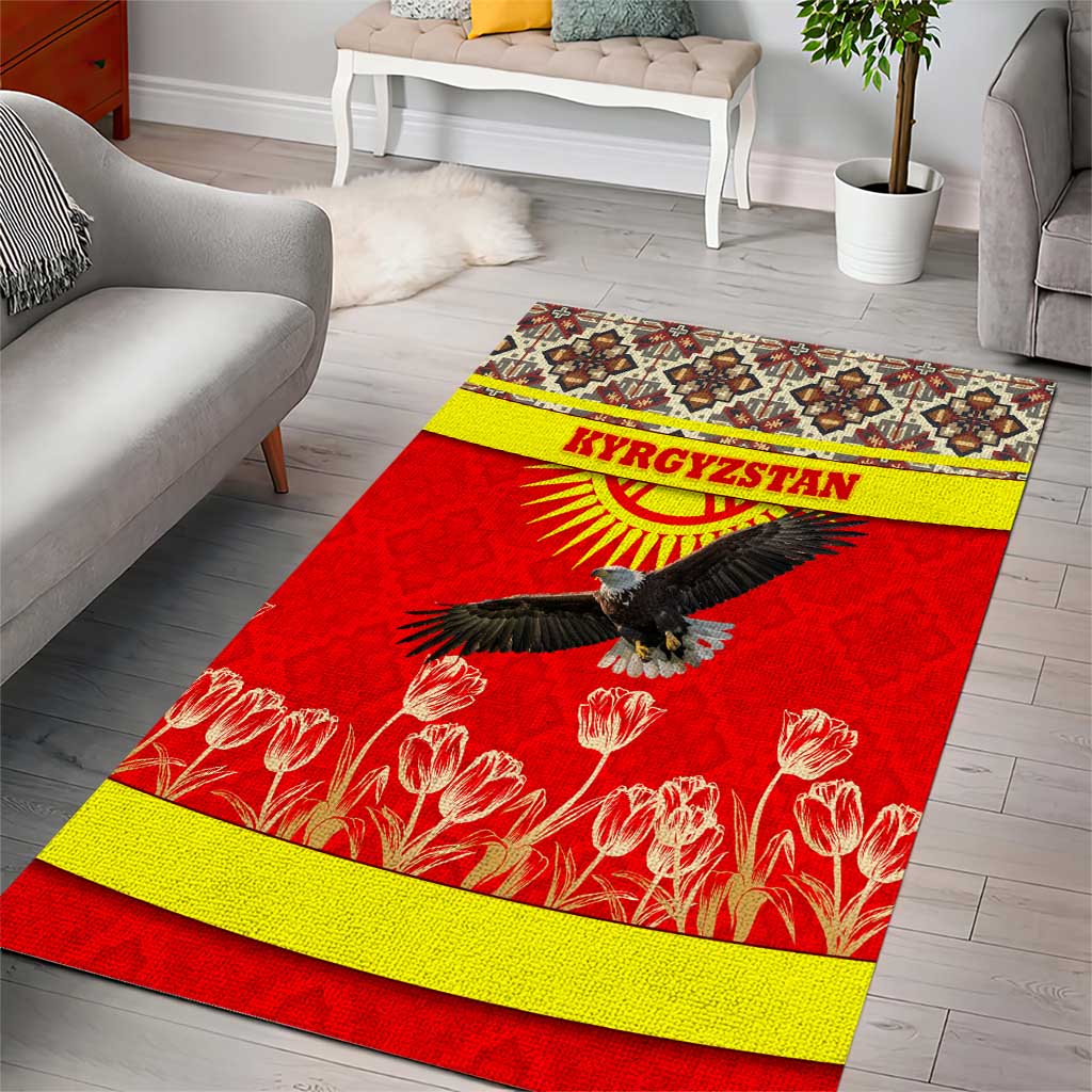 Kyrgyzstan Eagle and Tulip Area Rug with Red Ethnic Pattern with National Sun Emblem - Wonder Print Shop