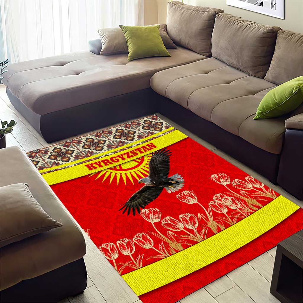 Kyrgyzstan Eagle and Tulip Area Rug with Red Ethnic Pattern with National Sun Emblem - Wonder Print Shop
