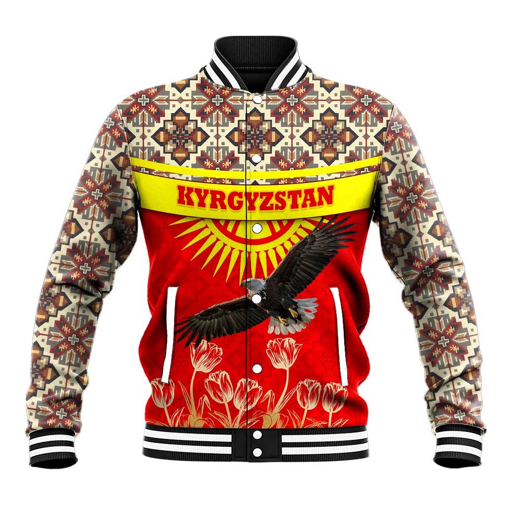 Kyrgyzstan Eagle and Tulip Baseball Jacket with Red Ethnic Pattern with National Sun Emblem - Wonder Print Shop
