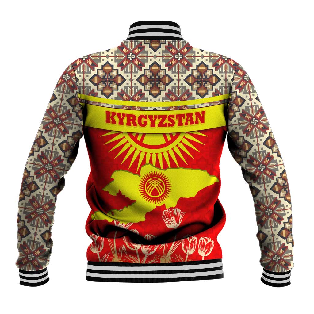 Kyrgyzstan Eagle and Tulip Baseball Jacket with Red Ethnic Pattern with National Sun Emblem - Wonder Print Shop