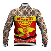 Kyrgyzstan Eagle and Tulip Baseball Jacket with Red Ethnic Pattern with National Sun Emblem - Wonder Print Shop