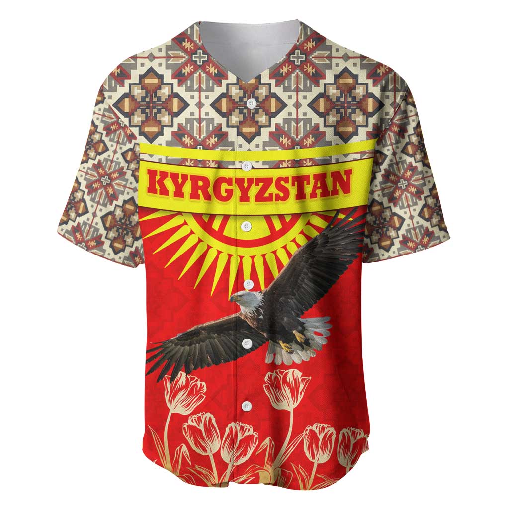 Kyrgyzstan Eagle and Tulip Baseball Jersey with Red Ethnic Pattern with National Sun Emblem - Wonder Print Shop