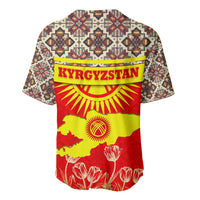 Kyrgyzstan Eagle and Tulip Baseball Jersey with Red Ethnic Pattern with National Sun Emblem - Wonder Print Shop