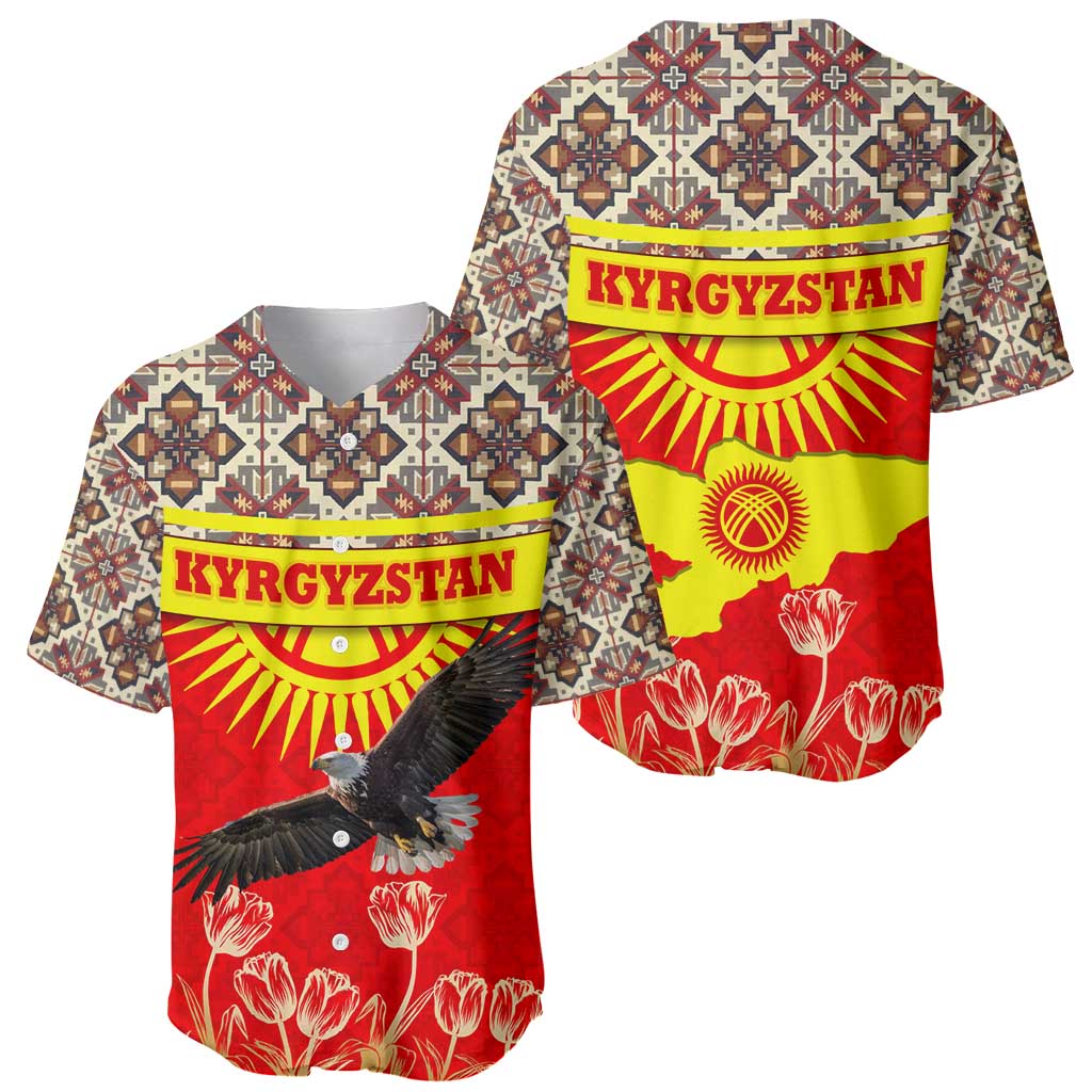 Kyrgyzstan Eagle and Tulip Baseball Jersey with Red Ethnic Pattern with National Sun Emblem - Wonder Print Shop