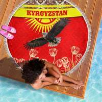 Kyrgyzstan Eagle and Tulip Beach Blanket with Red Ethnic Pattern with National Sun Emblem - Wonder Print Shop