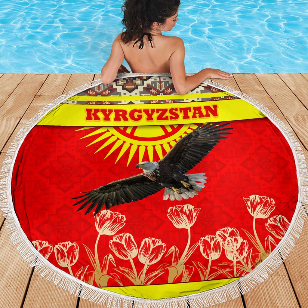 Kyrgyzstan Eagle and Tulip Beach Blanket with Red Ethnic Pattern with National Sun Emblem - Wonder Print Shop